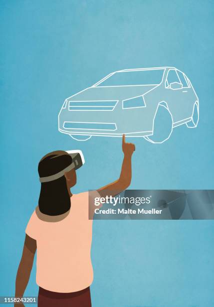 woman with virtual reality simulator glasses looking up at virtual car - car shopping stock illustrations