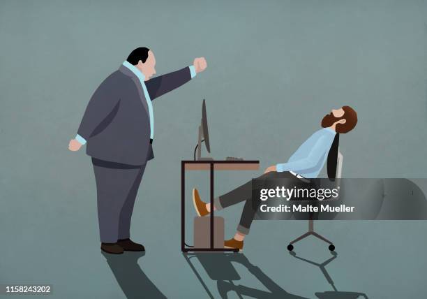 ilustraciones, imágenes clip art, dibujos animados e iconos de stock de angry boss shaking fist at sleeping businessman in office - frustración