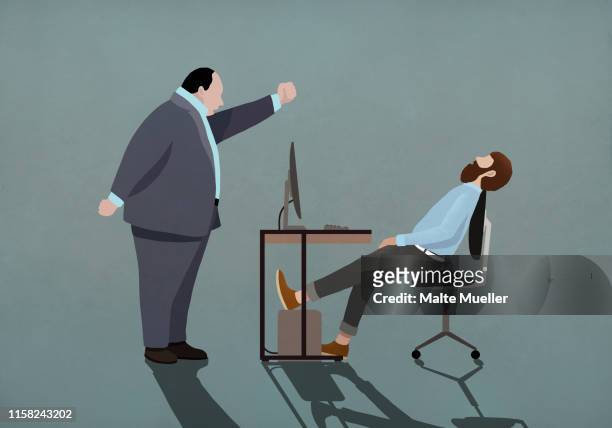angry boss shaking fist at sleeping businessman in office - manager stock illustrations