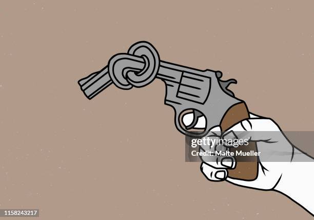 stockillustraties, clipart, cartoons en iconen met man holding knotted gun - zinloos