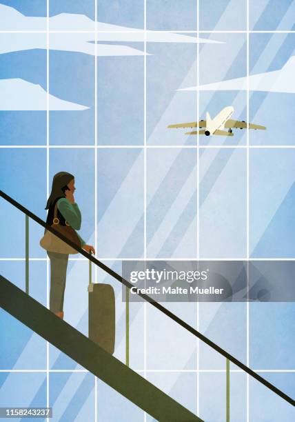 businesswoman with suitcase on airport escalator - business trip stock illustrations