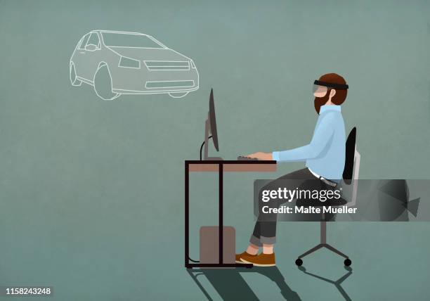 computer programmer with virtual reality simulator glasses working at computer - stem stock illustrations stock illustrations
