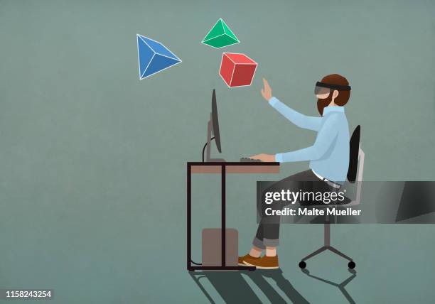 man with virtual reality simulator glasses looking at 3d geometric shapes - augmented reality stock-grafiken, -clipart, -cartoons und -symbole