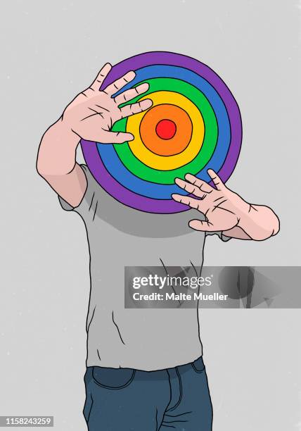 stockillustraties, clipart, cartoons en iconen met man hiding behind rainbow dart board - refusing