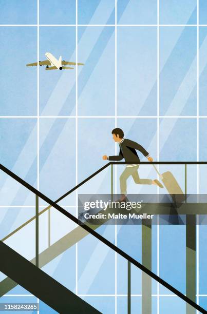 man with suitcase rushing on escalator in airport - running up an escalator stock illustrations