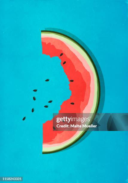 stockillustraties, clipart, cartoons en iconen met half-eaten watermelon slice and seeds on blue background - hap eruit
