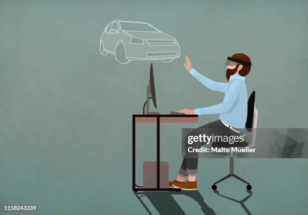 man with virtual reality simulator glasses online shopping for car - augmented reality car stock illustrations