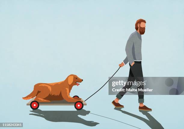 man pulling dog on cart - greed stock illustrations