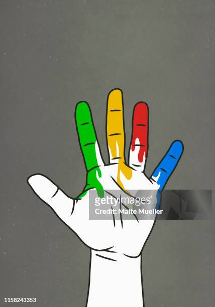 raised hand dripping rainbow paint - arms up stock illustrations