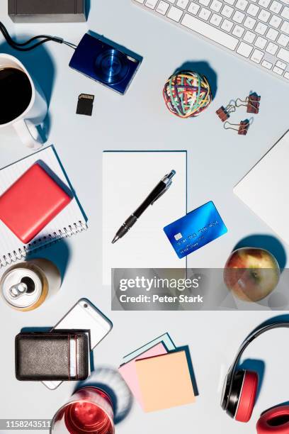 view from above credit card and office supplies on desk - desk from above stock pictures, royalty-free photos & images