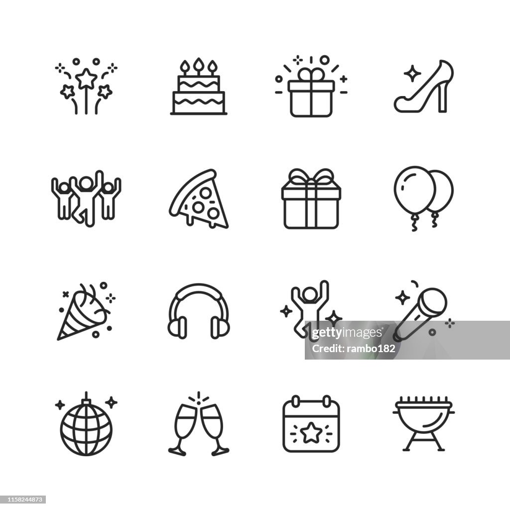Iconos de línea de fiesta. Trazo editable. Píxel perfecto. Para móviles y web. Contiene iconos como fiesta, decoración, bola de discoteca, baile, vida nocturna.