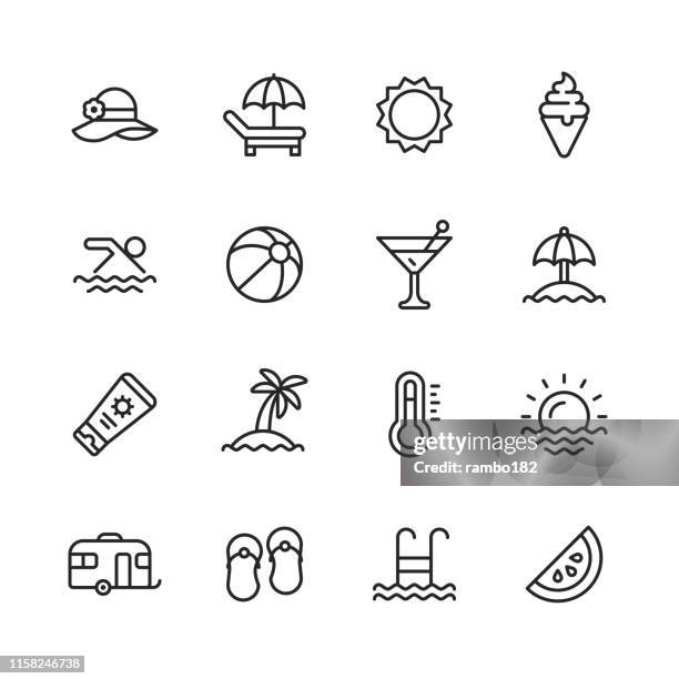 summer line icons. editable stroke. pixel perfect. for mobile and web. contains such icons as summer, beach, party, sunbed, sun, swimming, travel, watermelon, cocktail. - beach ball pool stock illustrations