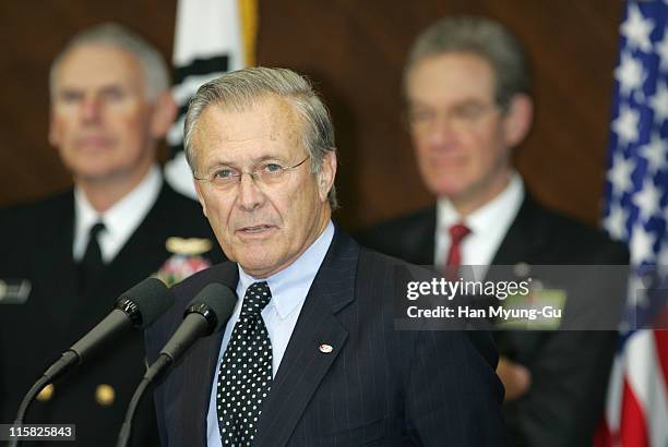 Secretary of Defense Donald Rumsfeld speaks during a press conference after the 37th Security Consultative Meeting at the Ministry of Defense on...