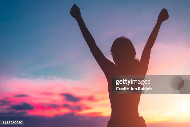 woman on lake at sunset representing freedom - animal win fotografías e imágenes de stock