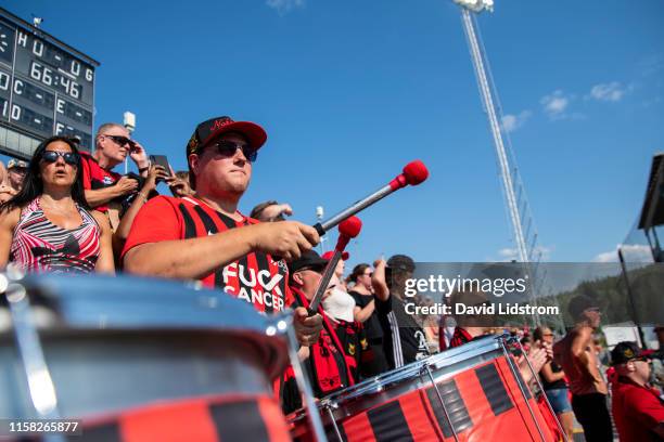 Fans of Ostersunds FK during the Allsvenskan match between Ostersunds FK and Malmo FF at Jamtkraft Arena on July 28, 2019 in Ostersund, Sweden.