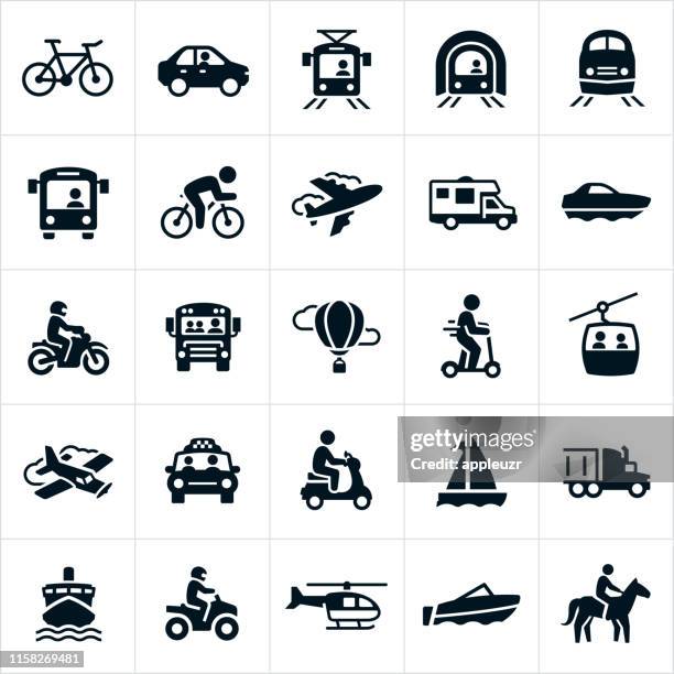 ilustraciones, imágenes clip art, dibujos animados e iconos de stock de iconos de transporte - riding scooter