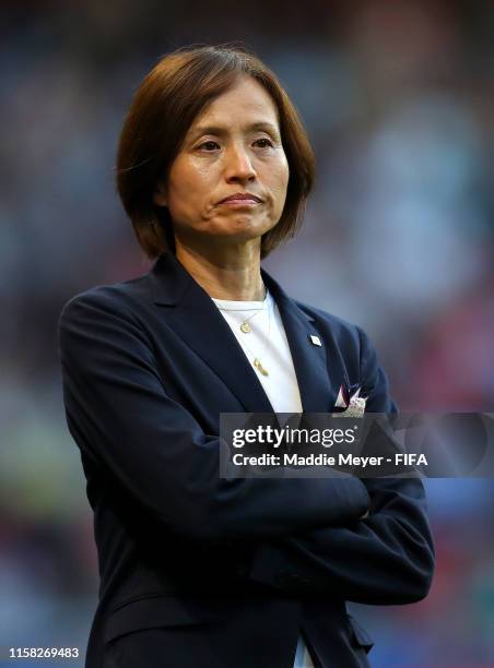 Asako Takakura, head coach of Japan looks on during the 2019 FIFA Women's World Cup France Round Of 16 match between Netherlands and Japan at Roazhon...
