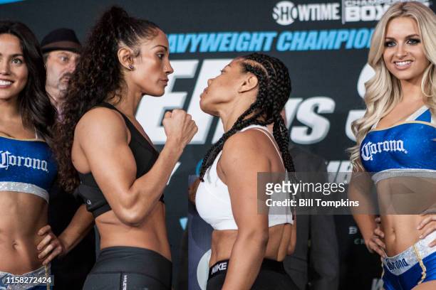 March 3: MANDATORY CREDIT Bill Tompkins/Getty Images Amanda Serrano and Marilyn Hernandez pose during their weigh in at the Barclays Center in...