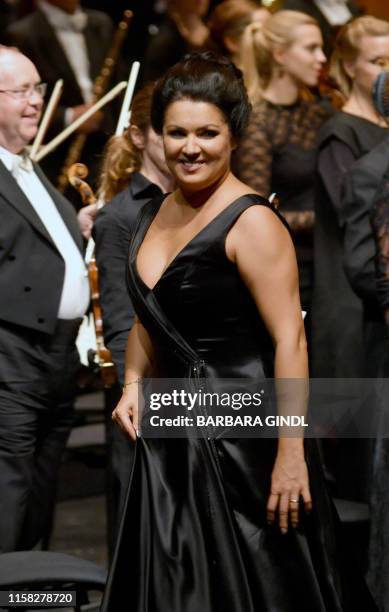 Anna Netrebko, Russian opera soprano singer, is applauded after the premiere of the opera "Adriana Lecouvreur" at the city's festival for opera,...