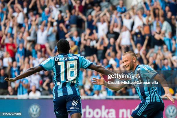 Edward Chilufya of Djurgardens IF celebrates scoring the 2-0 goal during an Allsvenskan match between Djurgardens IF and BK Hacken at Tele2 Arena on...