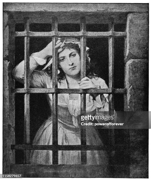 ilustrações, clipart, desenhos animados e ícones de charlotte corday na prisão por charles louis muller-século 19 - women in prison