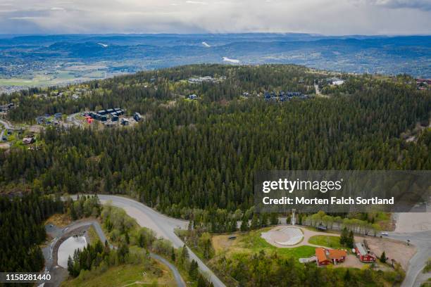 aerial shot of an idyllic view of a village in oslo, norway - holmenkollen stock pictures, royalty-free photos & images