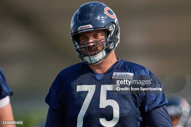 Chicago Bears offensive guard Kyle Long warms up during the Chicago Bears training camp on July 27, 2019 at Olivet Nazarene University in...