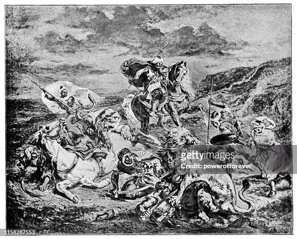 bildbanksillustrationer, clip art samt tecknat material och ikoner med lion hunt av eugene delacroix-19th century - lion attack