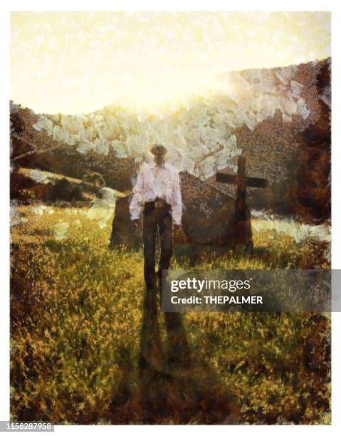 walking by a small tent church - digital photo manipulation - watercolor sunrise stock illustrations
