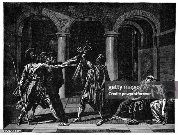 stockillustraties, clipart, cartoons en iconen met eed van de horatius door jacques-louis david-18de eeuw - jacques louis david