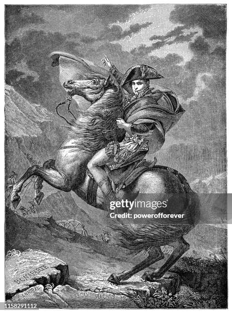 napoleon crossing the alps by jacques-louis david - 19th century - french army stock illustrations