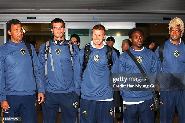 Soccer star David Beckham arrives with his LA Galaxy team, including Manager Ruud Gullit, and Abel Xavier at Incheon Airport on February 26, 2008 in...