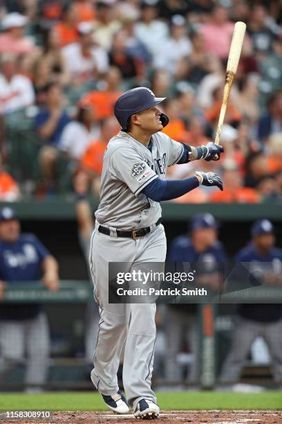 Manny Machado of the San Diego Padres watches his home run against the Baltimore Orioles during the third inning at Oriole Park at Camden Yards on...