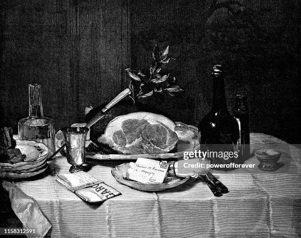 stockillustraties, clipart, cartoons en iconen met stilleven met ham door philippe rousseau-19e eeuw - stilleven