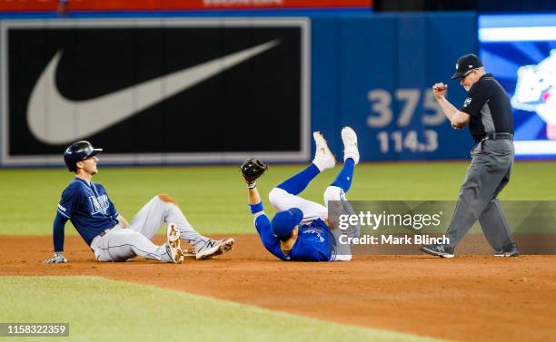 Matt Duffy of the Tampa Bay Rays is out at second base trying to stretch a double after being tagged by Cavan Biggio of the Toronto Blue Jays in the...