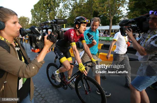 Geraint Thomas of Great Britain and Team Ineos answers to media following stage 21 of the 106th Tour de France 2019, the last stage from Rambouillet...