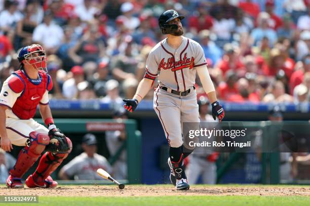 Ender Inciarte of the Atlanta Braves hits a home run against the Philadelphia Phillies at Citizens Bank Park on Sunday, July 28, 2019 in...