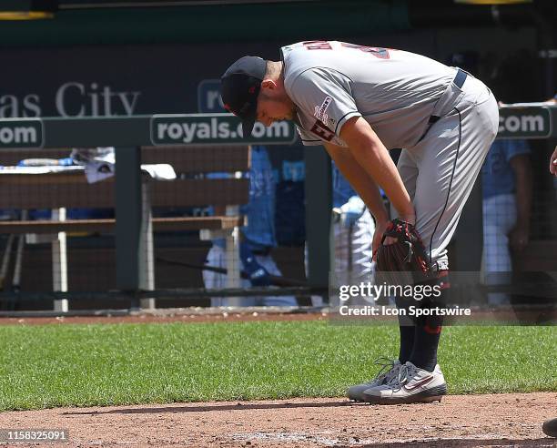Cleveland Indians pitcher Trevor Bauer reacts after not being to make the out at home plate during a Major League Baseball game between the Cleveland...