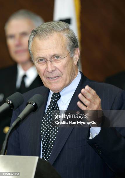 Secretary of Defense Donald Rumsfeld speaks during a press conference after the 37th Security Consultative Meeting at the Ministry of Defense on...