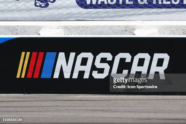 General view of the NASCAR logo on the wall during the Monster Energy NASCAR Cup Series - Gander Outdoors 400 on July 28, 2019 at Pocono Raceway in...