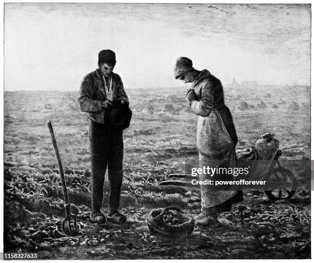 the angelus by jean-francois millet - 19th century - couple praying stock illustrations