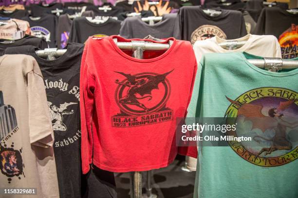 Selection of 100 Black Sabbath Tshirts from a collection of 1000 owned by super fan Stephen Knowles seen on display during the "Home Of Metal: Black...