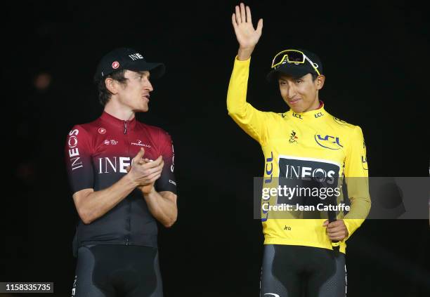 Second place Geraint Thomas of Great Britain and Team Ineos, winner of Tour de France 2019 yellow jersey Egan Bernal Gomez of Colombia and Team Ineos...