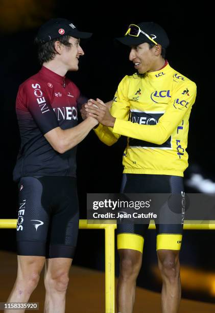 Second place Geraint Thomas of Great Britain and Team Ineos, winner of Tour de France 2019 yellow jersey Egan Bernal Gomez of Colombia and Team Ineos...