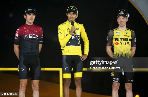 Second place Geraint Thomas of Great Britain and Team Ineos, winner of Tour de France 2019 yellow jersey Egan Bernal Gomez of Colombia and Team...