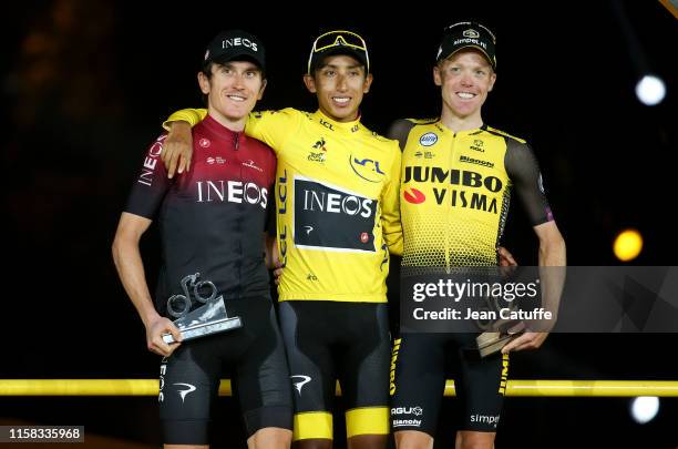 Second place Geraint Thomas of Great Britain and Team Ineos, winner of Tour de France 2019 yellow jersey Egan Bernal Gomez of Colombia and Team...