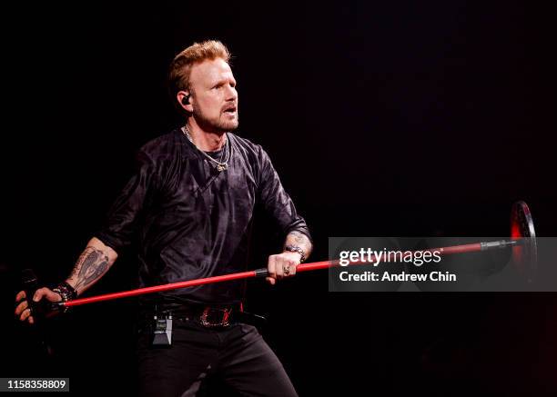 Canadian singer Corey Hart performs on stage at Rogers Arena on June 25, 2019 in Vancouver, Canada.