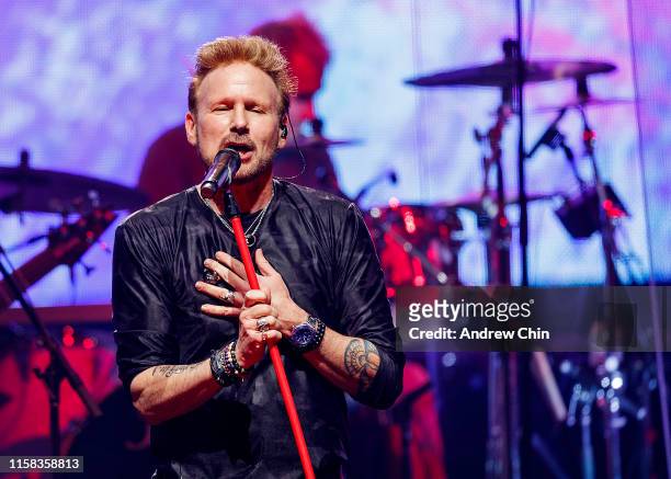 Canadian singer Corey Hart performs on stage at Rogers Arena on June 25, 2019 in Vancouver, Canada.