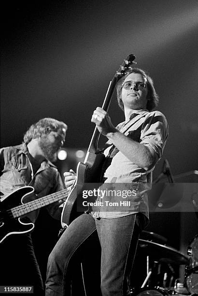 Bassist Dusty Hill and guitarist Billy Gibbons of ZZ Top perform at the Omni Coliseum on June 14, 1973 in Atlanta, Georgia.