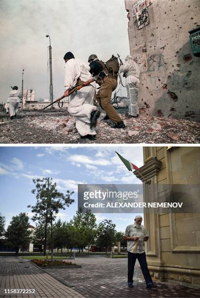This combination of photos created on July 29 shows Chechen fighters running along the Lenin avenue under Russian fire in downtown Grozny on January...